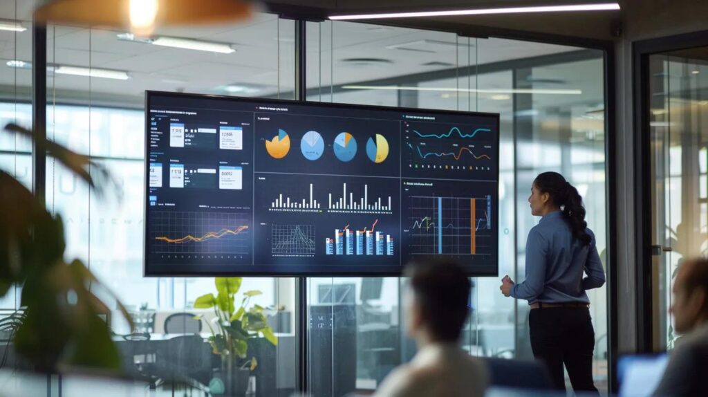 a modern office space showcases a large digital screen displaying vibrant charts and graphs, representing clear and concise roi reporting, with professionals attentively discussing strategic insights.