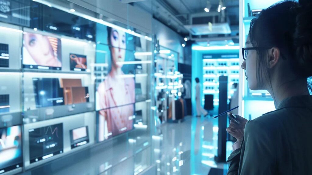 Discover Niche Business Opportunities With Ai And Crm Tools 2 A sleek, futuristic office environment showcases digital dashboards and ai-driven technology, as a small business owner interacts with a sophisticated crm system to personalize fashion products for customers, emphasizing innovation and automation in e-commerce.