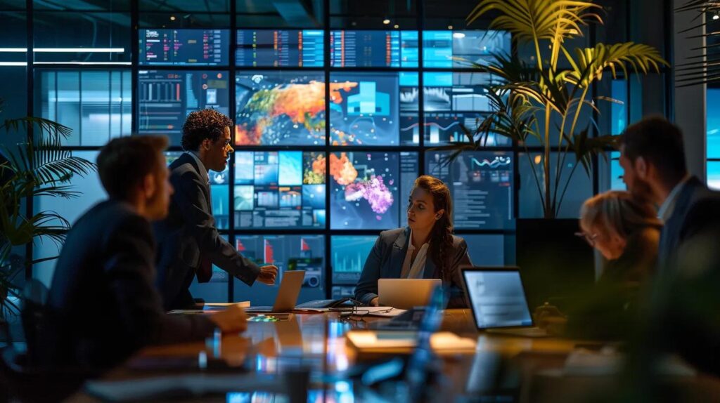 Discover How To Boost Sales With Ai Crm Solutions Today 99 A sleek, modern office environment illuminated by vibrant led screens, showcasing a diverse team engaged in an animated discussion around a digital display of ai crm solutions, emphasizing innovation and collaboration to boost sales.