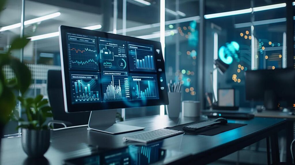 Seamless Tool Integration For Ai Crm: Maximize Your Business Impact 3 A sleek, modern office environment featuring a digital dashboard displaying interconnected graphs and analytics, symbolizing the integration of hubspot, salesforce, zendesk, and intercom with ai crm technology.