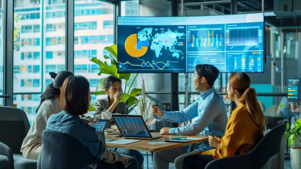 a sleek, modern office environment showcases a diverse team engaged in a dynamic brainstorming session, surrounded by digital screens displaying vivid graphs and analytics that highlight ai crm's impact on lead conversion and sales performance.