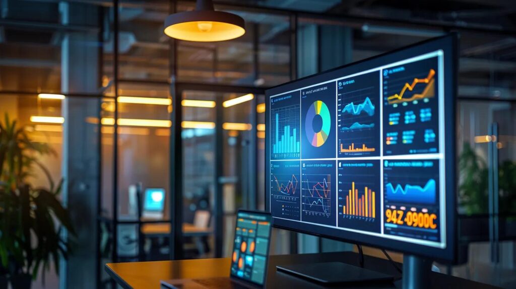a sleek, modern office environment showcases a digital dashboard displaying eight vibrant performance metrics, each representing key indicators of ai crm roi for small businesses, illuminated by the soft glow of overhead lighting.