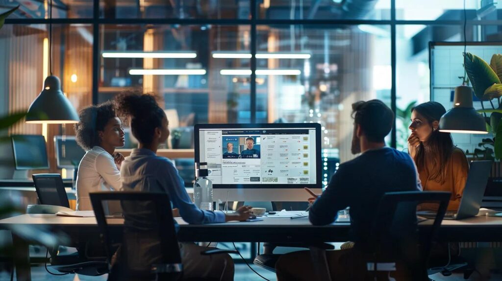 Tailoring Ai Website Design To The Needs Of Canadian Small Businesses 9 A sleek, modern office setup featuring an ai chatbot interface on a computer screen, surrounded by engaged professionals discussing customer engagement strategies in an upscale, urban workspace.
