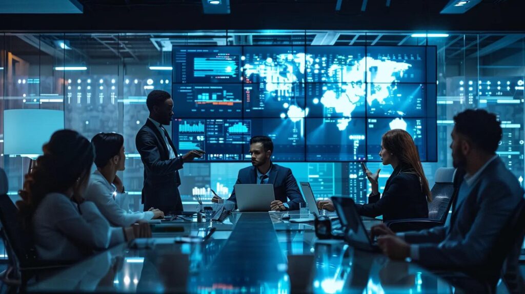 Selecting Ai Crm Tools For Small Business Growth 1 A sleek, modern office space features a diverse group of professionals engaged in animated discussions around high-tech screens displaying ai-driven crm analytics, highlighting collaboration and innovation for small businesses in 2024.