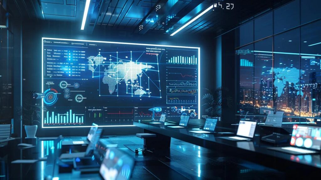 Ai Crm Features Supporting Successful Lead Management 17 A sleek, modern office workspace showcases a high-tech ai-driven crm interface on a large screen, illuminated by dynamic digital graphs and analytics, symbolizing effective lead management.