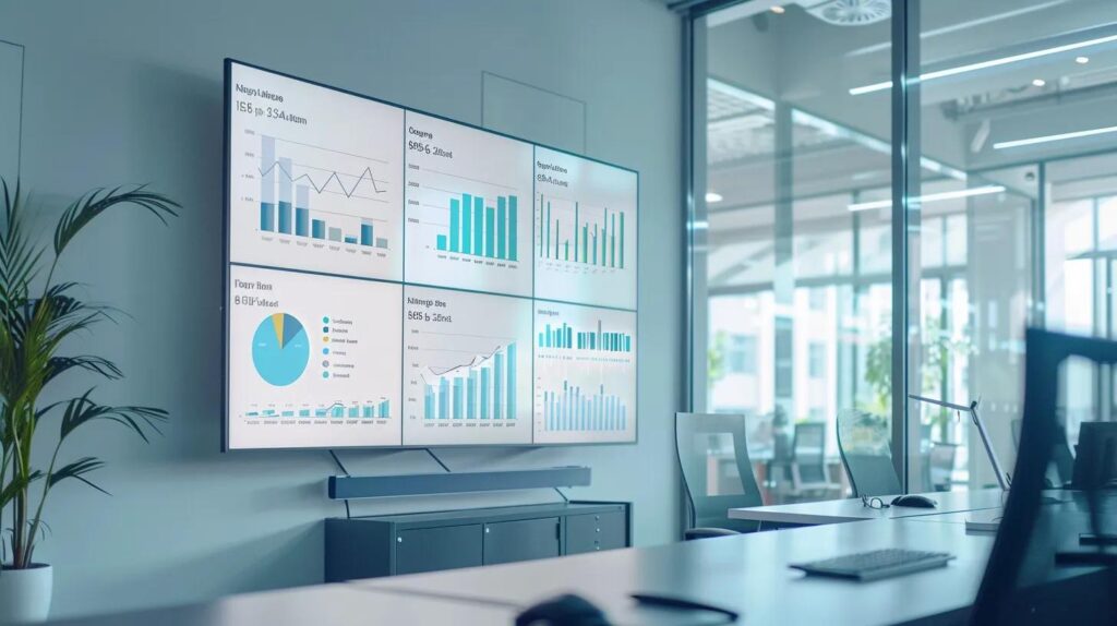 Selecting Ai Crm Tools For Small Business Growth 4 A sleek, modern office workspace showcases a large digital display presenting a vibrant comparison chart of leading ai crm tools, emphasizing their unique attributes in a professional and dynamic environment.
