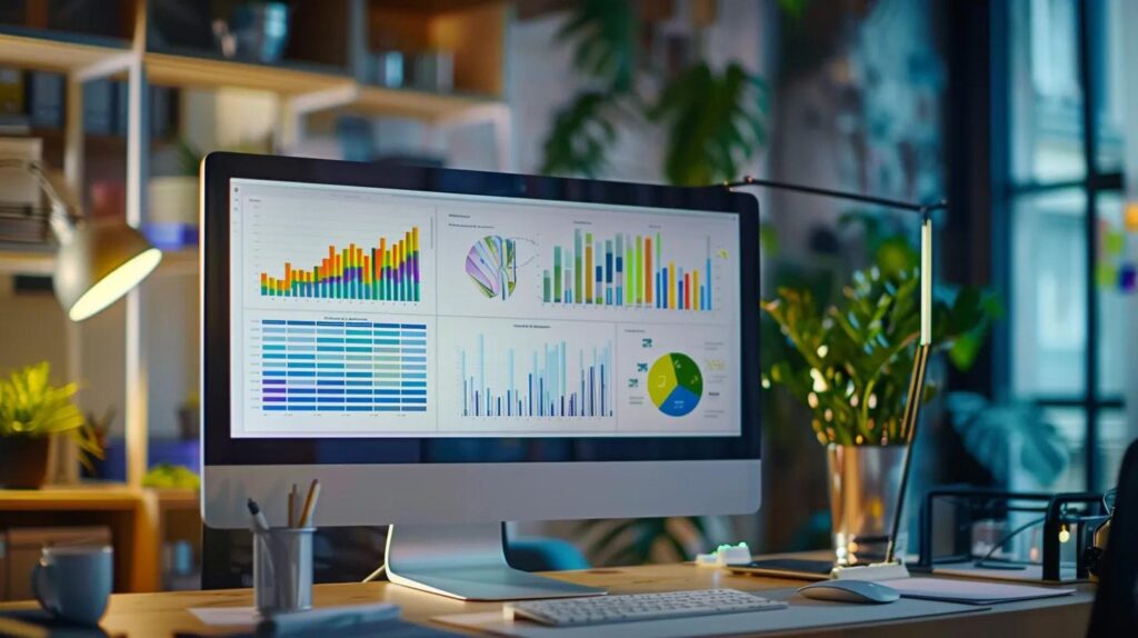 Cost-Effective Ai Crm Options For Small Business Owners 103 A sleek, modern office workspace featuring a computer screen displaying vibrant graphs and charts, symbolizing the strategic benefits of ai crm solutions for small businesses in a dynamic urban setting.