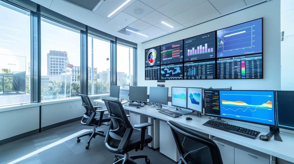 Tailoring Ai Website Design To The Needs Of Canadian Small Businesses 14 A sleek, modern office workspace features multiple digital screens displaying vibrant analytics dashboards and social media feeds, emphasizing the integration of ai technology for optimizing marketing campaigns.