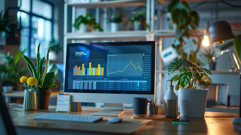 Tailoring Ai Website Design To The Needs Of Canadian Small Businesses 4 A sleek office workspace features a modern computer screen displaying analytics graphs and keyword data, symbolizing perplexity's advanced approach to keyword research and content optimization for digital marketing strategies.