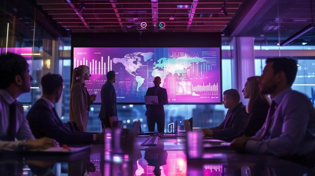a dynamic conference room filled with engaged professionals attentively discussing ai crm compliance strategies, illuminated by modern lighting and featuring a large screen displaying key insights and graphs.