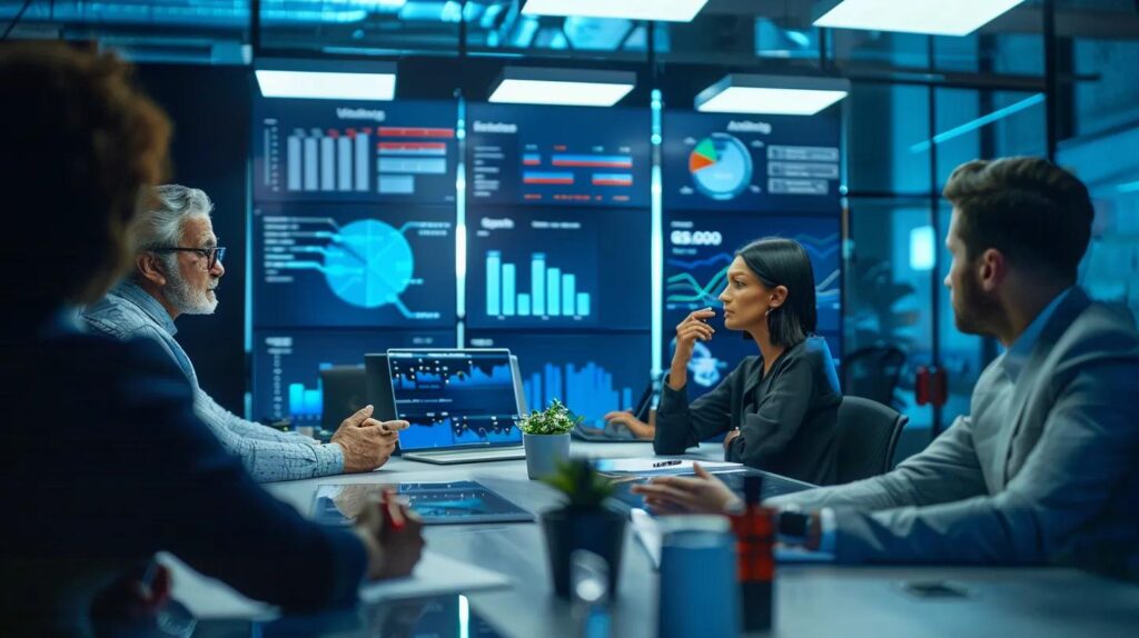 Selecting Ai Crm Tools For Small Business Growth 3 A dynamic office scene showcasing a diverse team of professionals collaborating around a sleek conference table, analyzing colorful charts on digital displays that illustrate key performance metrics and ai crm tools, bathed in bright, focused overhead lighting that emphasizes their engagement and determination to drive business success.