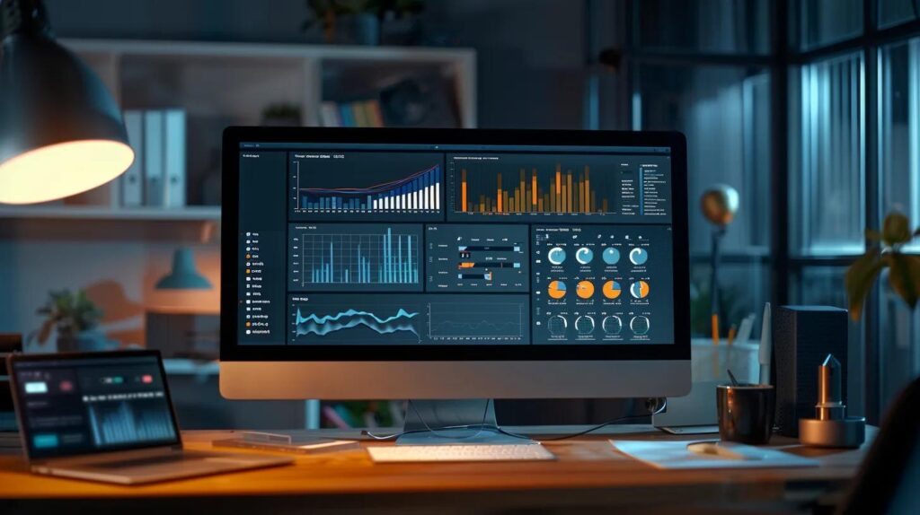 a dynamic office scene showcases a sleek computer monitor displaying an ai-driven email marketing dashboard, featuring vibrant graphs and personalized content tailored to diverse leads, illuminated by soft, focused lighting to emphasize the innovative technology at work.
