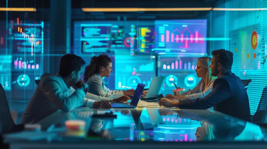 Ai Crm Enhancements For Superior Lead Management Techniques 3 A dynamic office setting showcases a diverse team of marketing professionals engaging around a sleek conference table, illuminated by soft overhead lighting while analyzing vibrant data visualizations on digital screens that depict predictive analytics and lead conversion trends.