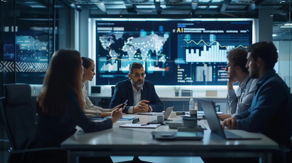 a focused small business team gathers around a sleek conference table in a modern office, intensely discussing the complexities of ai crm compliance while analyzing data charts displayed on a large screen.