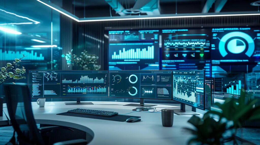 a high-tech office environment features a sleek, modern dashboard displaying real-time data analytics, with multiple screens illustrating scalable ai crm metrics and compliance highlights, all under dynamic led lighting that emphasizes a focus on security and innovation.
