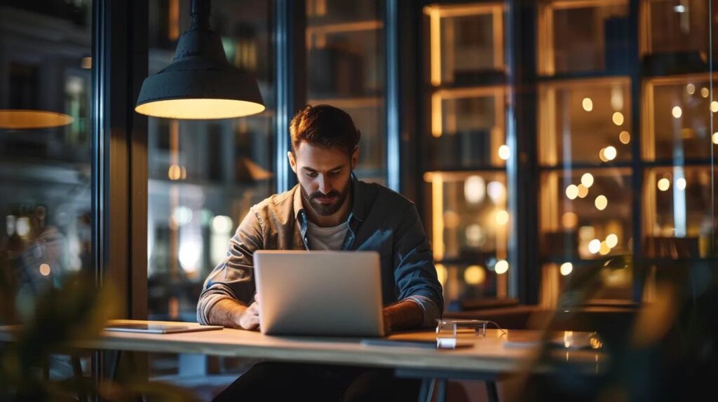 Navigating Ai Crm Compliance Standards For Small Business Success 11 A modern office environment features a focused entrepreneur analyzing intricate ai crm compliance documents on a sleek laptop, illuminated by the soft glow of ambient lighting, conveying the importance of understanding digital standards for small businesses.