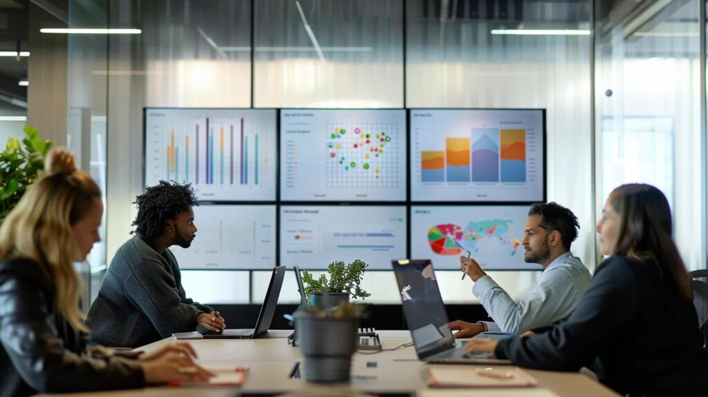 Cost-Effective Ai Crm Options For Small Business Owners 2 A modern office environment showcases a diverse team of small business professionals engaged in a dynamic brainstorming session, surrounded by digital screens displaying vibrant charts and ai crm features, highlighting the intersection of technology and strategy for enhanced operational efficiency.