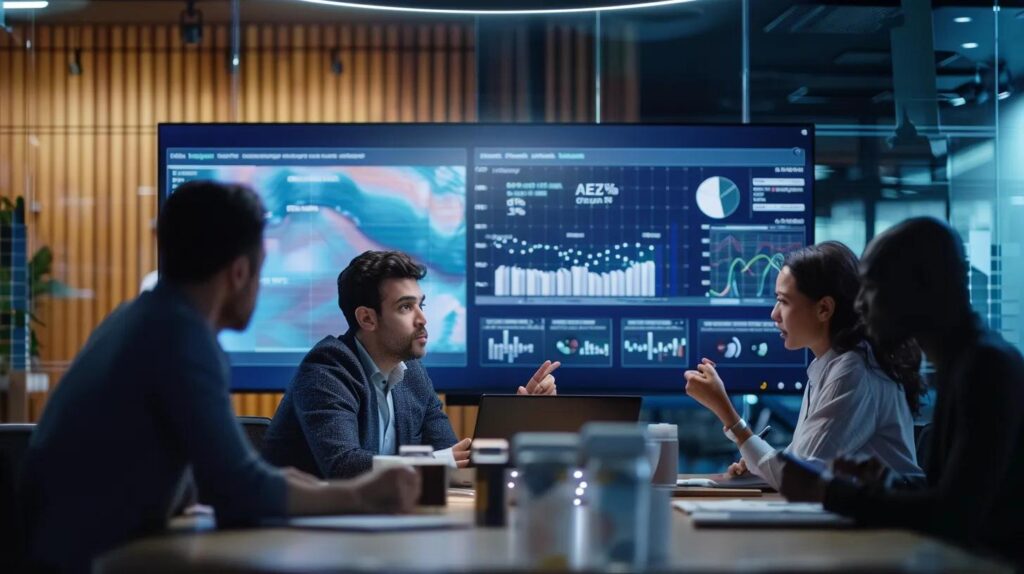 a modern office environment showcases a diverse group of professionals engaged in a focused discussion around a large digital screen displaying complex data analytics and crm metrics, highlighting the challenges and solutions in measuring ai crm roi.