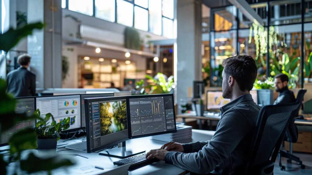 Best Ai Crm Tools For Small Business (2025): Pricing &Amp;Amp; Use Cases 9 A modern office space buzzes with activity as focused sales professionals engage with sleek ai crm software displayed on high-resolution monitors, highlighting the dynamic integration of technology and sales automation.