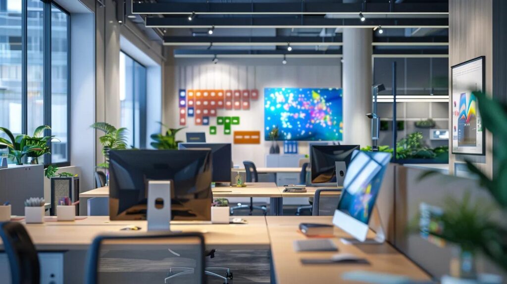 User-Friendly Ai Crm Solutions Small Businesses Will Love 107 A modern office space showcases a sleek workspace with vibrant digital interfaces displaying user-friendly ai crm solutions, emphasizing innovation and efficiency for small businesses.