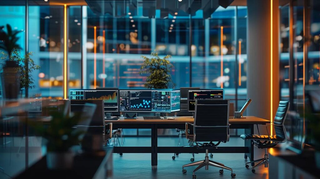 User-Friendly Ai Crm Solutions Small Businesses Will Love 2 A modern office space with sleek desks and high-tech screens displaying analytics and crm dashboards, illustrating small business professionals engaged in dynamic discussions about ai solutions to enhance efficiency and revenue growth.