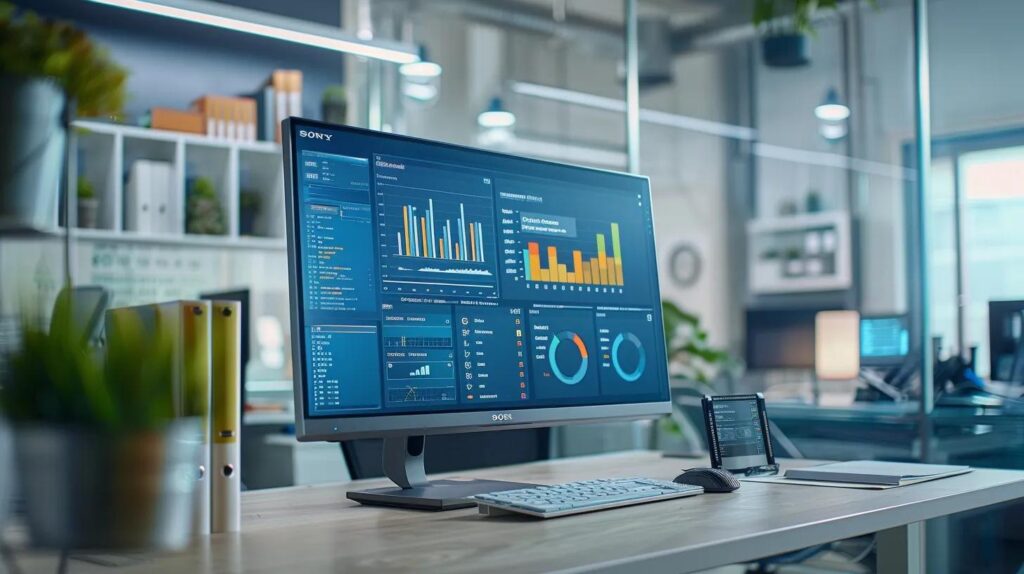 Essential Ai Crm Features Designed For Small Teams 2 A modern office workspace features a sleek computer displaying an intuitive ai-powered crm interface, with vibrant data visualizations and task reminders, symbolizing how automation enhances efficiency for small teams.