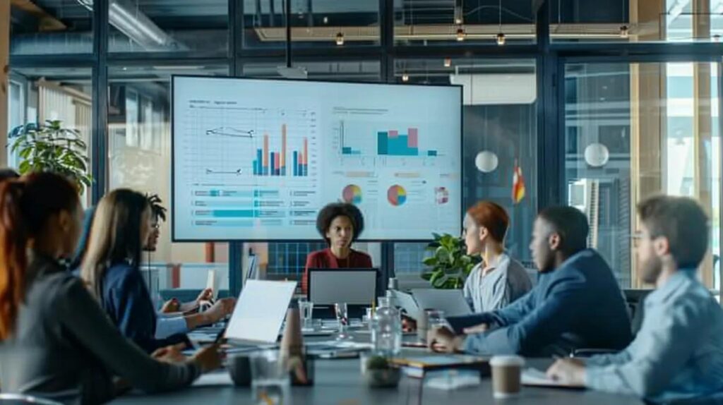 Ai Crm Vs. Traditional Crm: Choose Wisely, Small Biz Owners! 4 A modern office workspace features a diverse group of small business owners engaged in a dynamic discussion around a sleek table, with a digital screen displaying a flowchart of ai crm integration, capturing their concerns and misconceptions about technology in a vibrant and collaborative atmosphere.