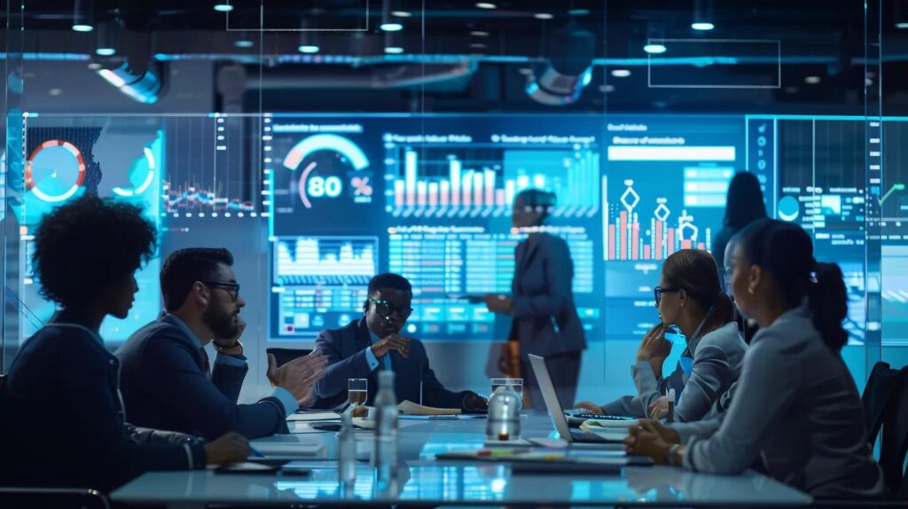 Selecting Ai Crm Tools For Small Business Growth 101 A sleek, modern office environment showcasing a diverse group of professionals engaged in an animated discussion around a conference table, with digital charts and data on screens highlighting the effectiveness of ai crm tools for small businesses.