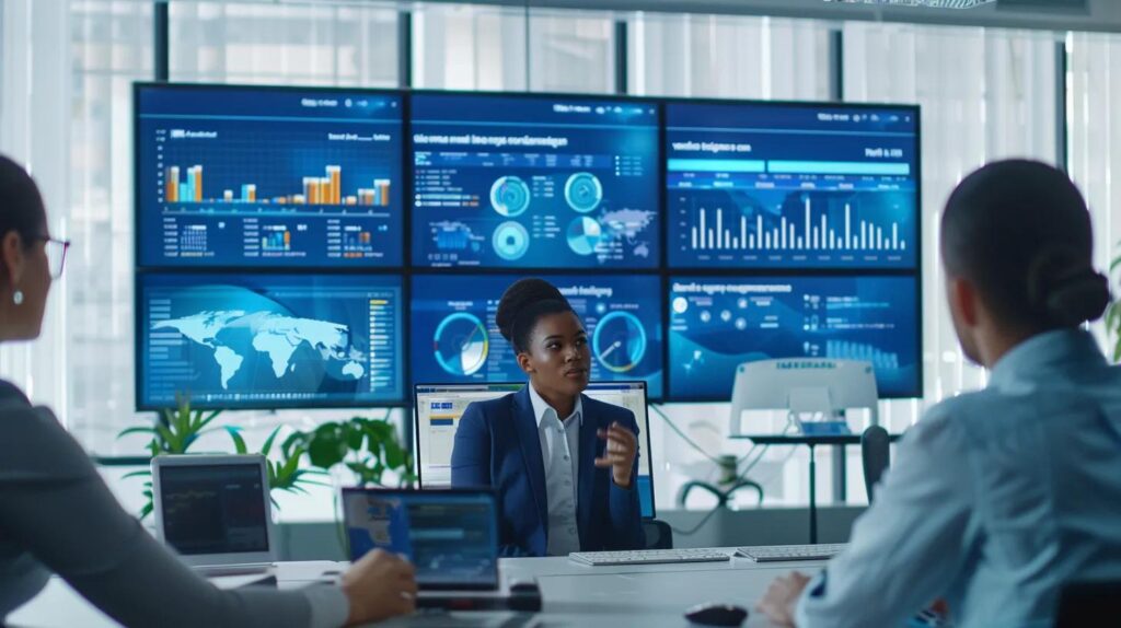 Seamless Tool Integration For Ai Crm: Maximize Your Business Impact 4 A sleek, modern office environment showcases a diverse team of professionals engaging with ai-powered crm dashboards on large screens, highlighting dynamic data visualizations and automated insights that streamline decision-making processes.