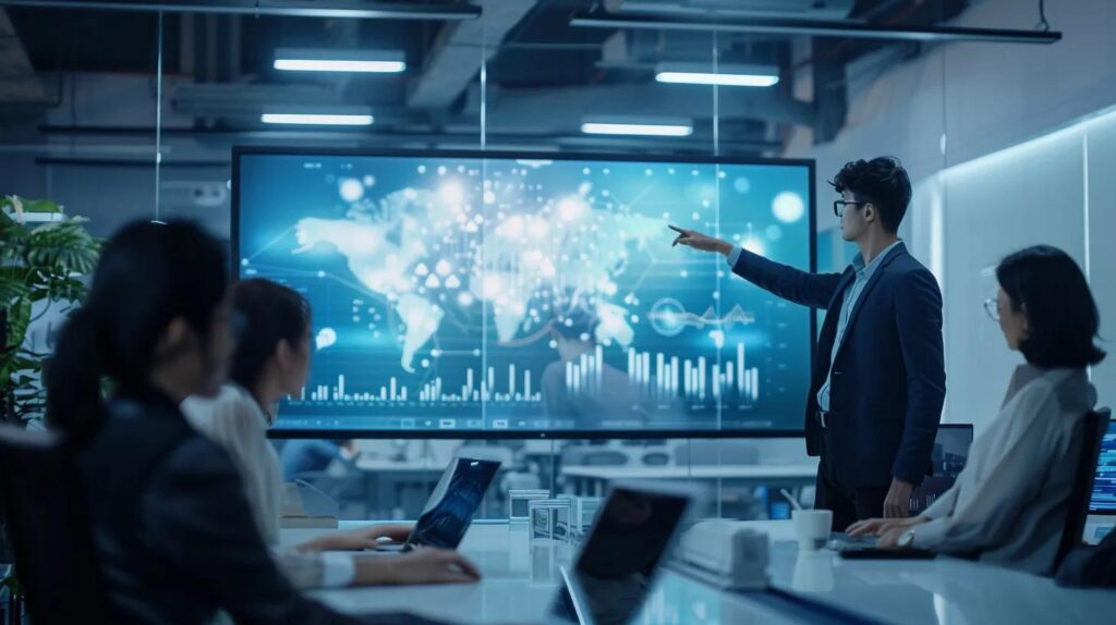 a sleek, modern office environment showcases a focused group of professionals engaged in an animated discussion around a large touchscreen displaying various ai crm tools, highlighting their features and potential for sales automation.