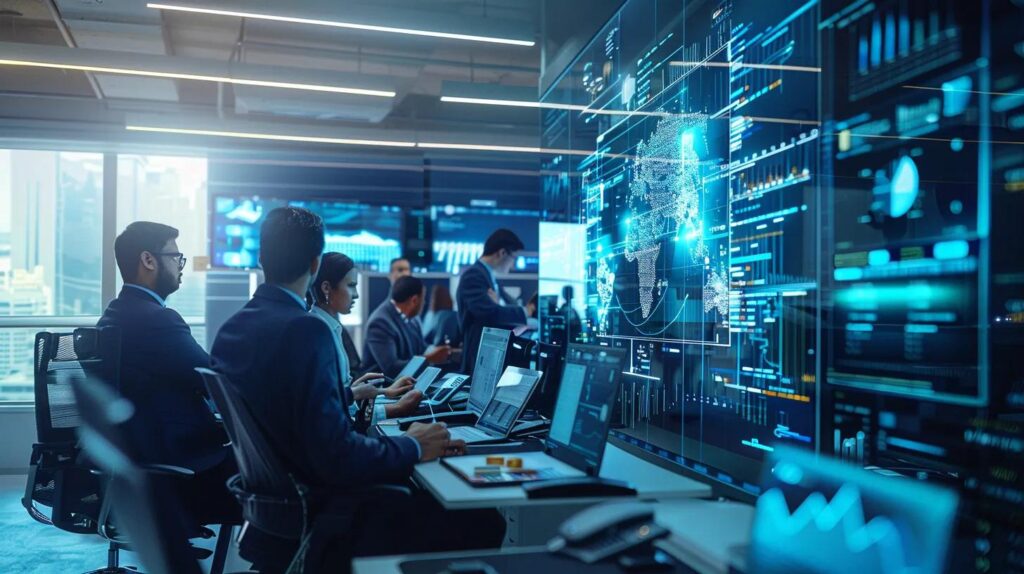 a sleek, modern office environment showcases a diverse team of professionals engaged with vibrant digital interfaces and holographic displays, emphasizing the personalization and innovative features of ai crm systems for enhancing customer relationships.