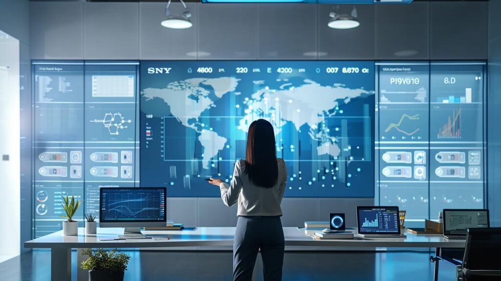 a sleek, modern office interior features a large digital display showcasing user-friendly dashboards filled with vibrant compliance data visuals, while a professional-looking businesswoman analyzes predictive analytics graphs on her tablet, embodying the integration of ai crm technology for small business compliance.