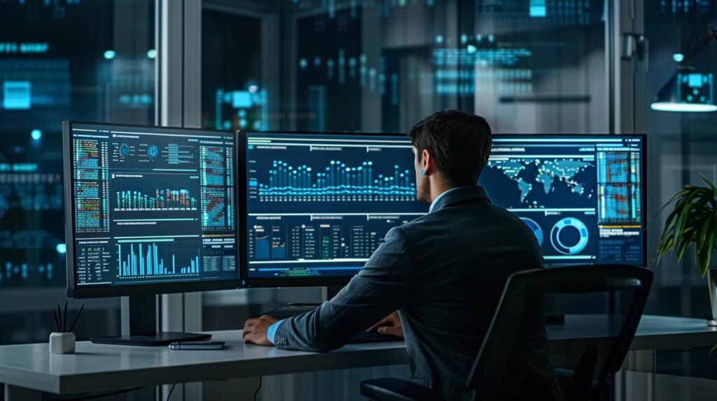 a sleek, modern office setting featuring a well-organized desk equipped with dual monitors displaying complex data analytics, while a thoughtful professional reviews printed compliance reports, embodying the synergy of automation and manual oversight in a polished and dynamic environment.