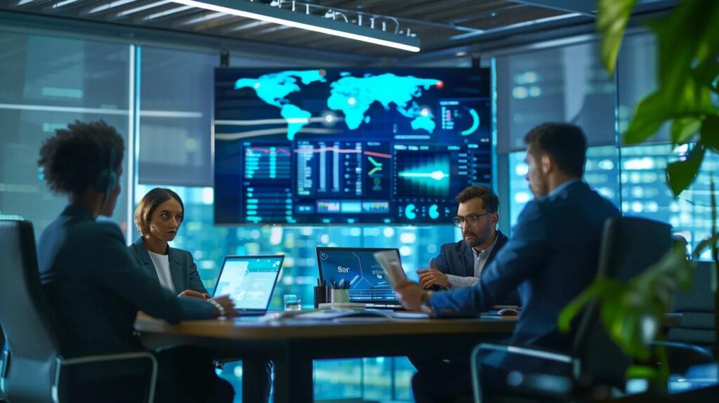 User-Friendly Ai Crm Solutions Small Businesses Will Love 4 A sleek, modern office setting features a diverse team engaged in animated discussion around a conference table, with digital screens displaying data analytics and ai insights, visually representing the complexities and strategies involved in adopting ai crm solutions.