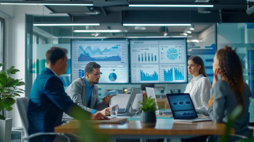Essential Ai Crm Features Designed For Small Teams 19 A sleek, modern office setting features a small team gathered around a high-tech conference table, intently discussing vibrant dashboards displayed on digital screens, highlighting essential ai crm features designed for small teams.