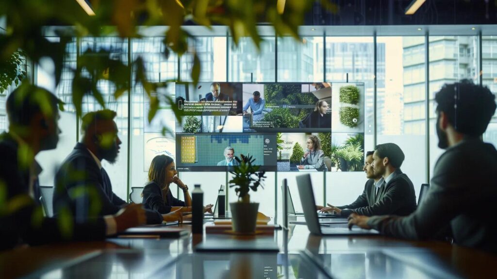 a sleek, modern office setting showcases a diverse team engaged in a collaborative meeting, surrounded by digital displays illustrating ai crm strategies tailored for the canadian market, emphasizing regulatory compliance and unique customer insights.