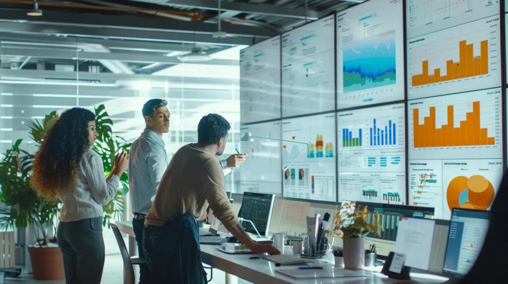 Ai Crm Vs. Traditional Crm: Choose Wisely, Small Biz Owners! 2 A sleek, modern office space features a diverse group of professionals collaborating around a high-tech dashboard, analyzing real-time data insights from an ai crm system on large screens, embodying the future of small business efficiency.