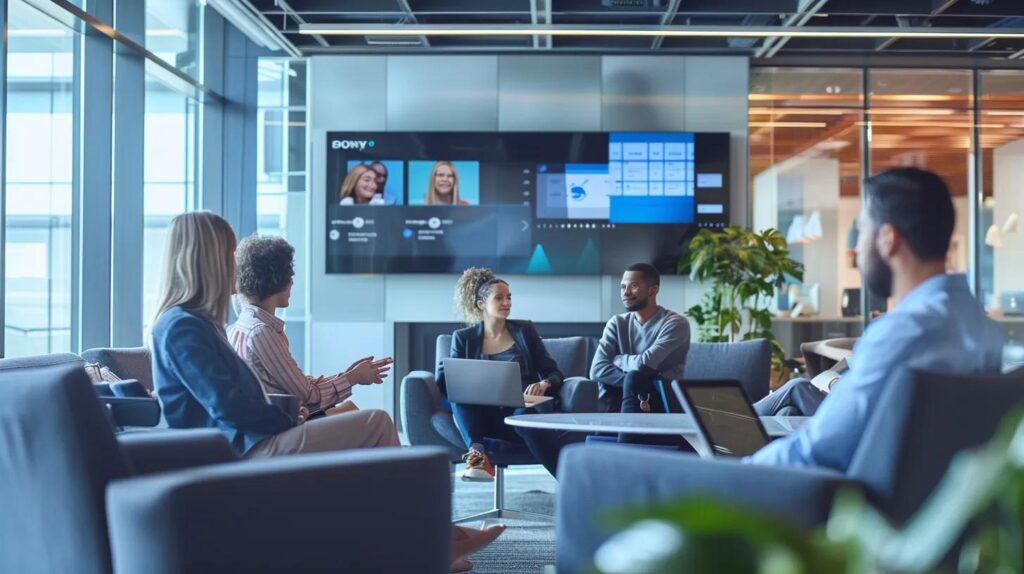 a sleek, modern office space featuring diverse professionals engaged in animated discussions around digital screens displaying various ai crm tools, highlighting their distinct functionalities tailored for different business types.