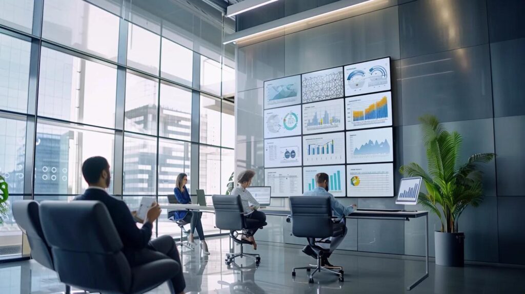 a sleek, modern office space showcases a diverse sales team engaged in dynamic discussions around high-tech screens displaying ai crm dashboards, emphasizing productivity and conversion rate enhancements through innovative technology.