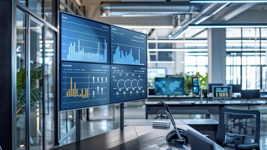 a sleek, modern office space features a large digital compliance dashboard on a high-resolution screen, displaying vibrant graphs and analytics that highlight potential compliance risks in real-time, creating a dynamic atmosphere of proactive decision-making and strategic oversight.