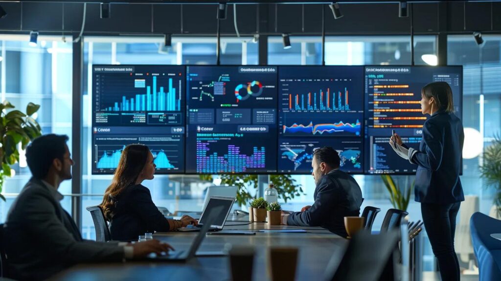 a sleek, modern office space showcases a diverse sales team engaged in a dynamic brainstorming session, surrounded by high-tech screens displaying vibrant analytics and ai-powered features of a cutting-edge crm tool.