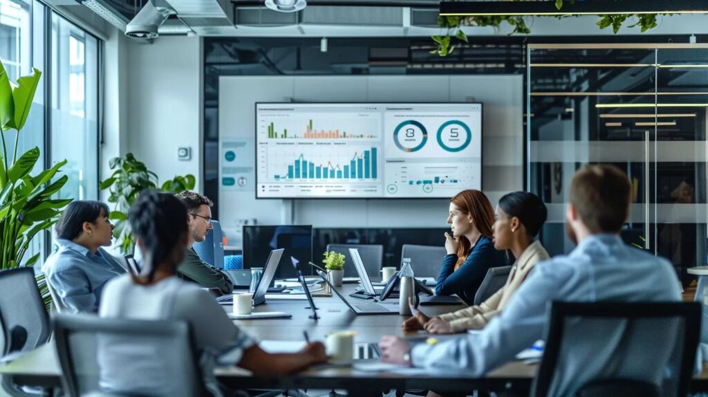Ai Crm Enhancements For Superior Lead Management Techniques 2 A sleek, modern office space showcases a diverse team engaged in a dynamic brainstorming session, with digital screens displaying vibrant lead scoring analytics that highlight key metrics and potential sales opportunities.