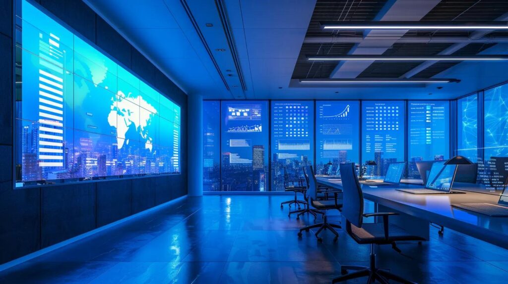 Key Factors In Best Ai Crm Pricing For Business Success 3 A sleek, modern office with a large digital screen displaying various ai crm pricing plans and analytics, highlighting structured features and business objectives, illuminated by focused overhead lighting to emphasize the clarity and importance of the evaluation process.