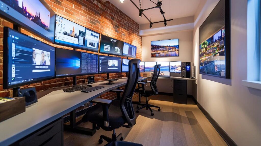 Expert Website Design For Thunder Bay Startups 4 A sleek, modern office workspace showcases various website builder platforms on multiple high-resolution monitors, illuminated by dynamic led lighting, emphasizing the seamless integration of technology for small businesses in thunder bay.