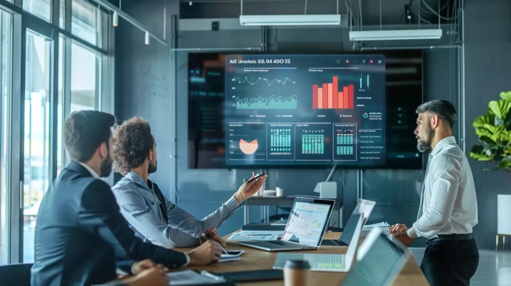 Key Factors In Best Ai Crm Pricing For Business Success 1 A sleek, modern office workspace features a large digital screen displaying a colorful infographic comparing ai crm pricing models, with professionals engaged in discussion around a high-tech conference table.