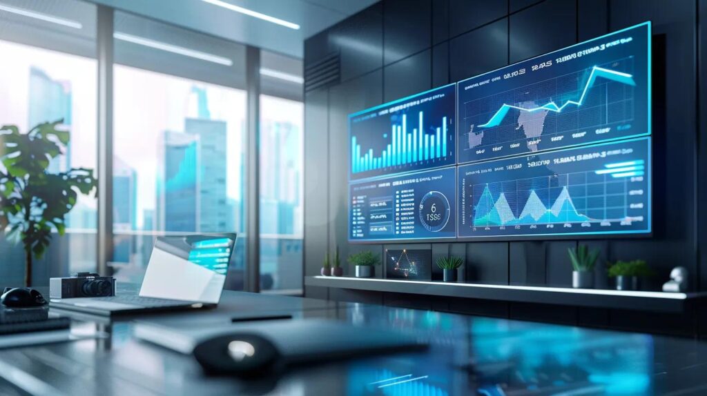Ai Crm Enhancements For Superior Lead Management Techniques 105 A sleek, modern office workspace features a large digital screen displaying dynamic graphs and analytics, symbolizing the innovative potential of ai in crm systems for effective lead management.
