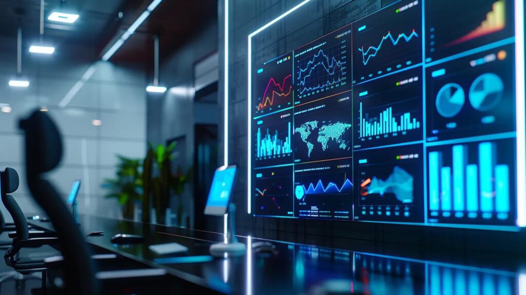 Key Factors In Best Ai Crm Pricing For Business Success 2 A sleek, modern office workspace features a large digital screen displaying vibrant analytics and ai-driven insights, illuminating the efficient integration of crm technology to boost sales and marketing roi.
