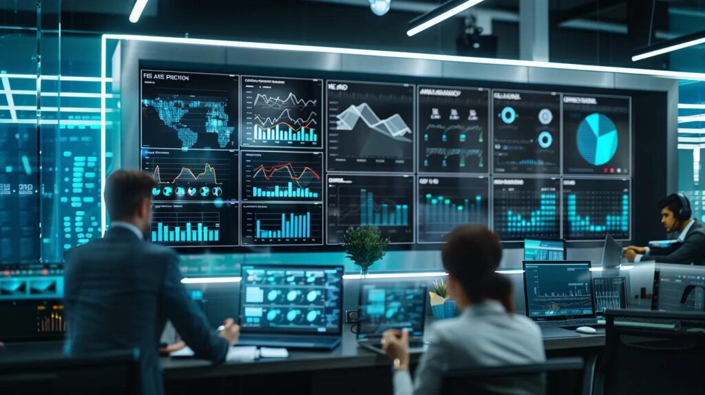 a sleek, modern office workspace features a large digital screen displaying intricate graphs and analytics, illustrating predictive models for lead conversion success, with engaged professionals analyzing data in the foreground.