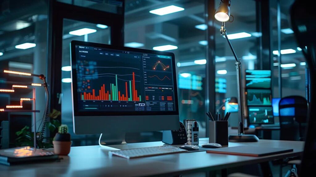 Selecting Ai Crm Tools For Small Business Growth 2 A sleek modern office workspace is illuminated by bright overhead lights, featuring a high-tech computer screen displaying vibrant ai analytics graphs, showcasing the transformative impact of automation on crm for small businesses.