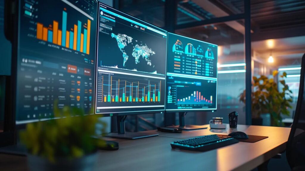 a sleek, modern office workspace showcases multiple computer monitors displaying vibrant dashboards and compliance data analytics, emphasizing the critical role of ai in managing gdpr and ccpa regulations for crm systems.